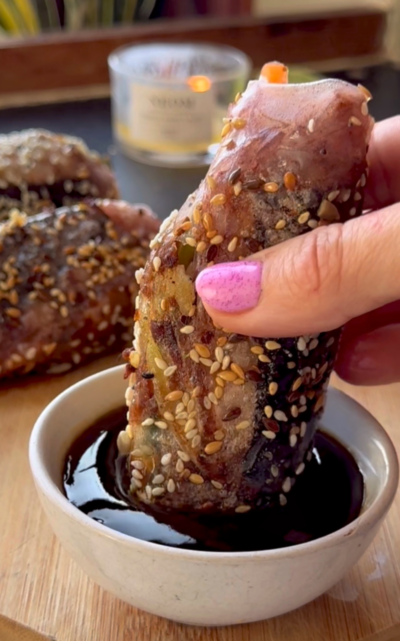 Crispy Sushi Spring Rolls with Sticky Ginger Tempeh