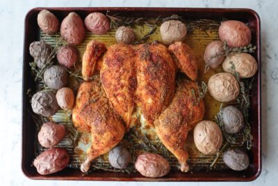 Juicy Roast Barbecue Rub Chicken and Smashed Potatoes