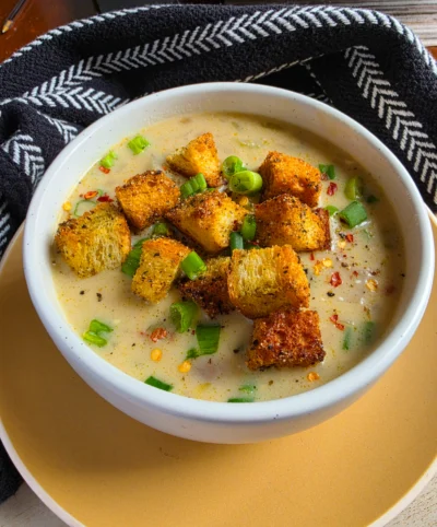 Creamy Potato & Onion Soup with Golden Croutons