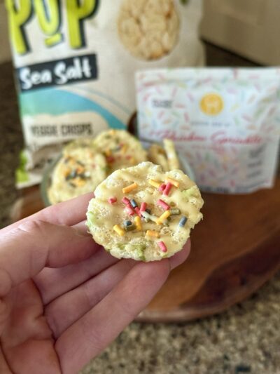 birthday cake drizzled protein veggie crisps