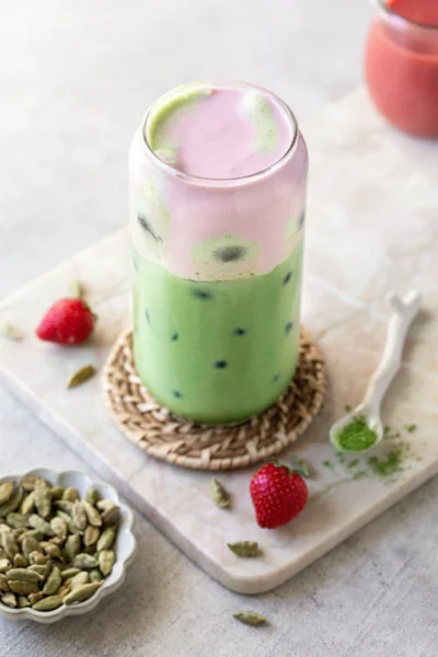 Iced Matcha Latte with Strawberry Cardamom Cold Foam