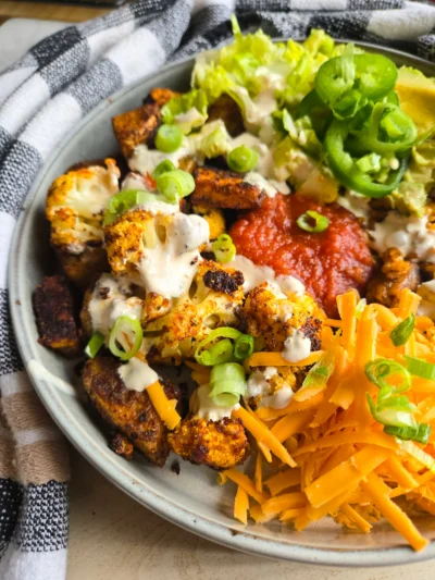 Roasted Potato & Cauli Queso Taco Bowls