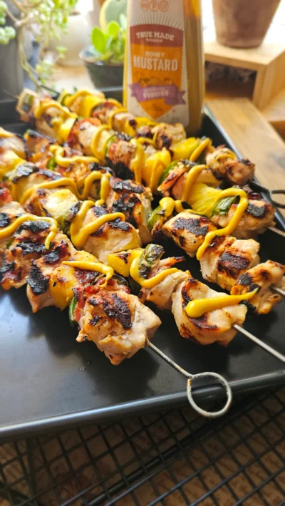 Grilled Honey Mustard Chicken Skewers with Bacon, Pineapple & Jalapeños