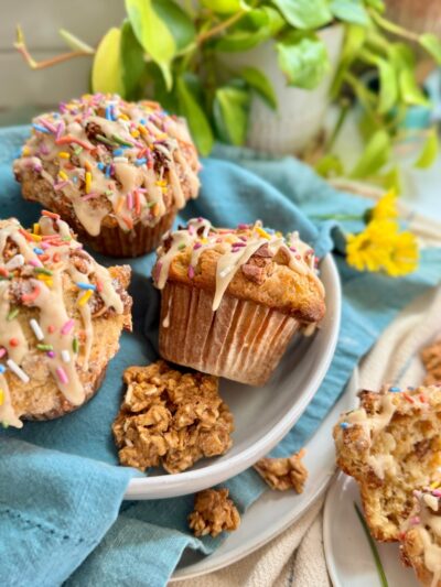 Baker Style Granola Muffins with Granola Butter Drizzle