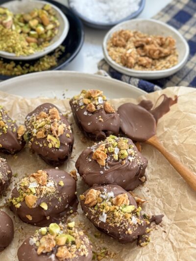 Granola Butter Stuffed Medjool Dates with Chocolate