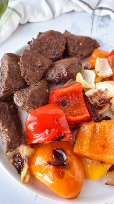 Grilled Garlic Soy Steak Bites and vegetables