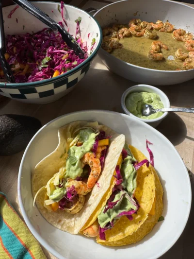 Shrimp Tacos with Mango Slaw & Cilantro Avocado Crema