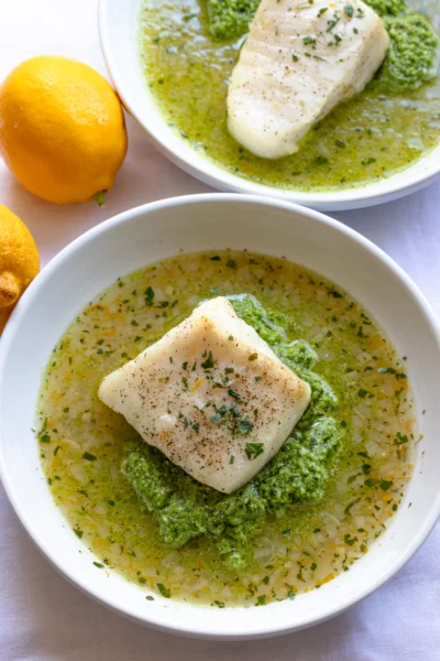 Lemon Soup with Pea Puree and Sea Bass