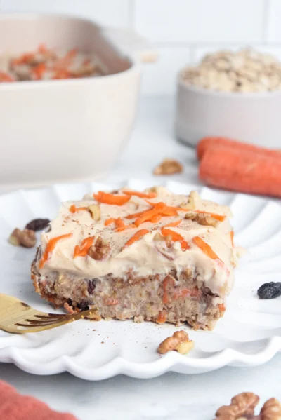 Carrot Cake Baked Oatmeal with Dairy-Free Cream Cheese Protein Frosting