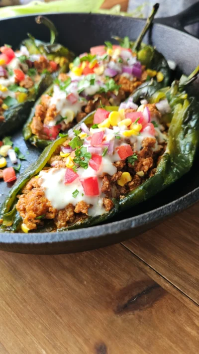 Spicy Ground Pork Stuffed Poblano Peppers