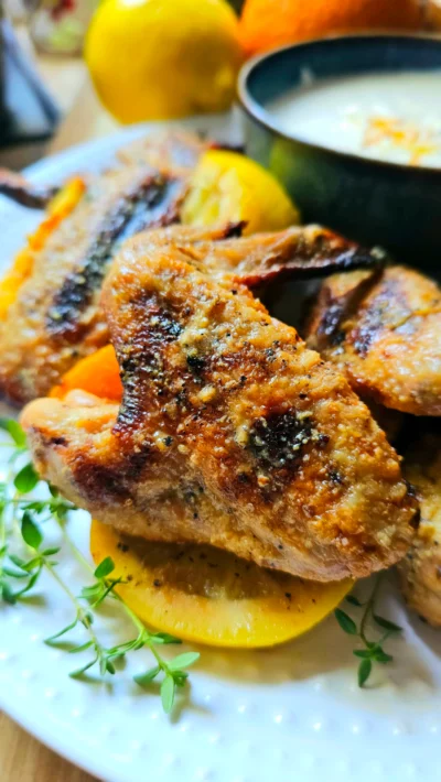 Grilled Citrus Chicken Wings with Sweet Orange Alabama White Sauce (Monk Fruit)