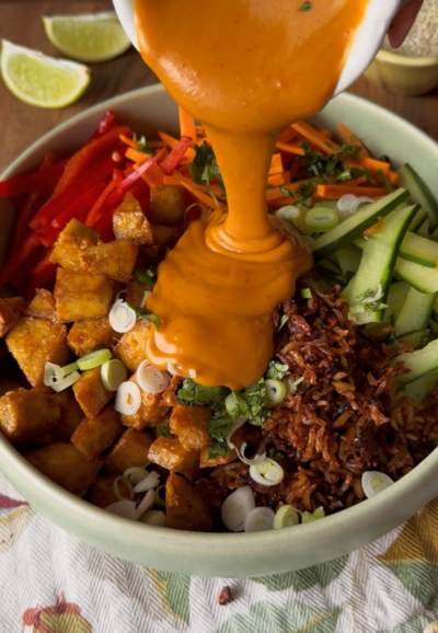 Crispy Tofu Rice Salad with Spicy Peanut Dressing