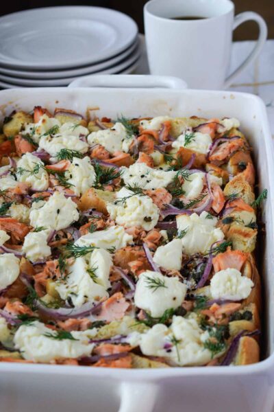 Breakfast Strata with Bagels and Salmon