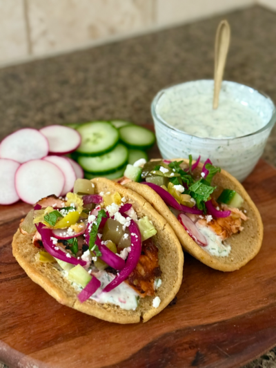 harissa salmon & tzatziki gyros