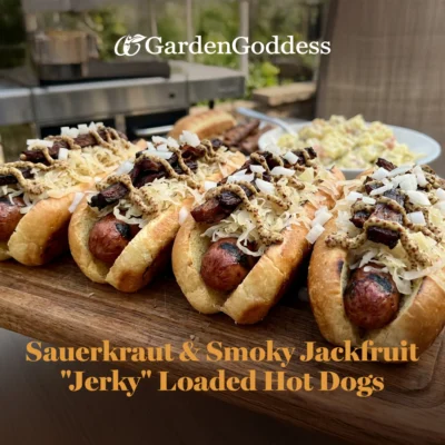 Sauerkraut & Smoky Jackfruit “Jerky” Loaded Hot Dogs