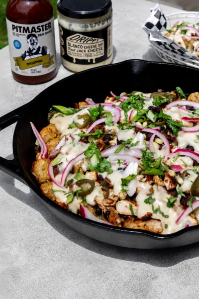Loaded Tater Tot Skillet with BBQ Chicken and Queso
