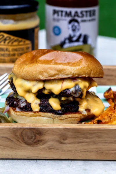 Pepper-Crusted BBQ Smash Burgers with Queso