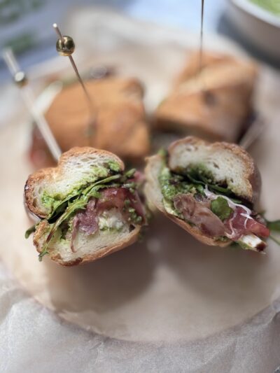 Prosciutto Mozzarella Sandwich with Pumpkin Seed Pesto (GF)