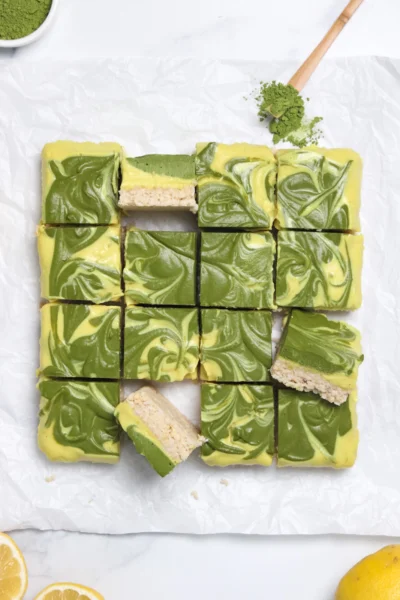 No-Bake Vegan Lemon Matcha Swirl Cheesecake Bars