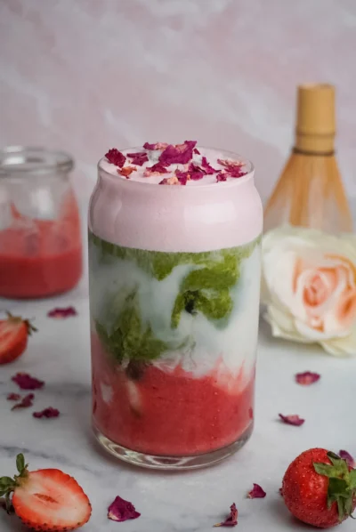 Iced Strawberry Matcha Latte with Rose Cold Foam