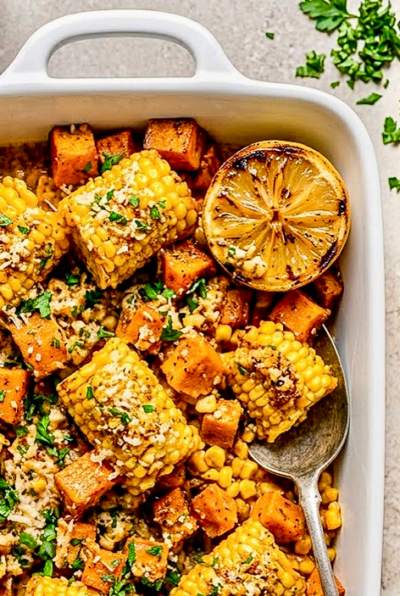 Baked Corn on the Cob & Sweet Potatos