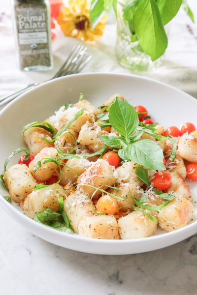 10 Minute Cauliflower Gnocchi with Tomatoes and Basil