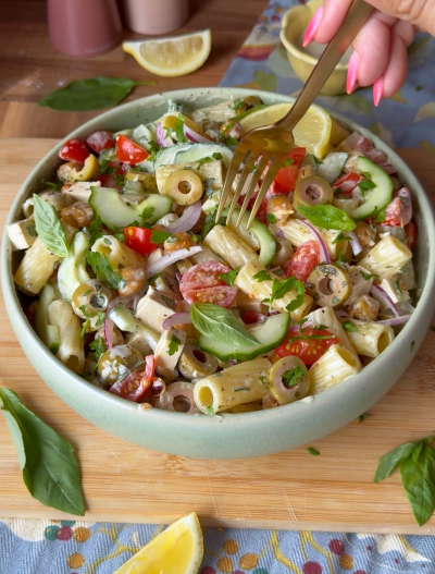 Greek Pasta Salad with Homemade Vegan Feta