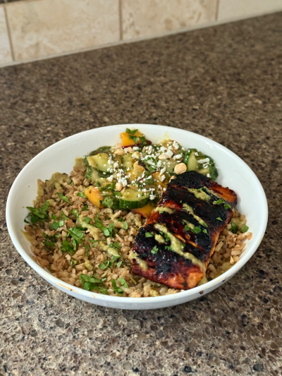 sticky jalapeño salmon bowl + cucumber peach jalapeño salad