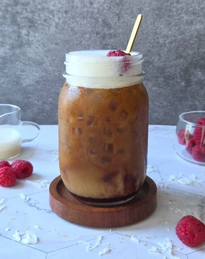 Raspberry Iced Coffee with Coconut Sweet Cold Foam (Vegan)