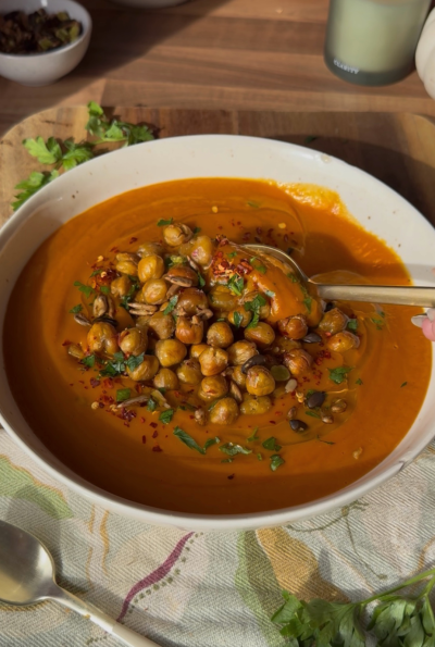 Roasted Sweet Potato &  Red Pepper Soup with Crispy Chickpeas