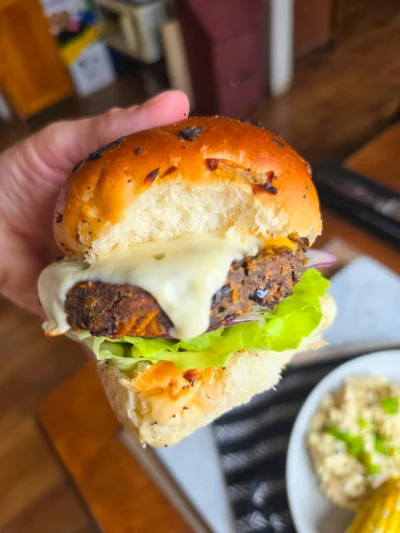 VG Gourmet Sweet Potato Black Bean Burgers & Spicy Corn
