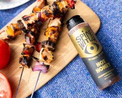 Honey-Glazed Chicken Skewers with Peppers + Mushrooms