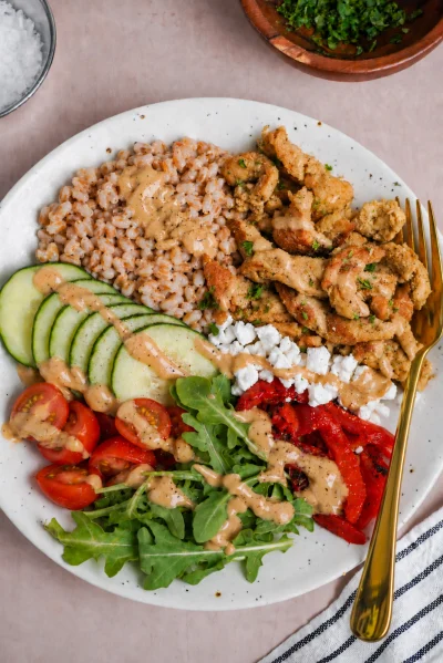 Mediterranean Soy Curl Bowls with Lemon Tahini Dressing