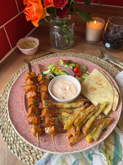 Hot Maple Tofu Skewers with Plant Parmesan Fries