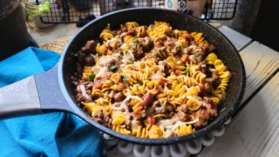 Cheesy BBQ Lamb Pasta