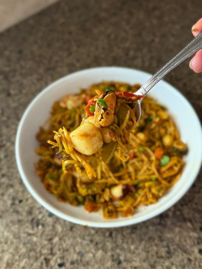 thai coconut curry seafood noodle bowl
