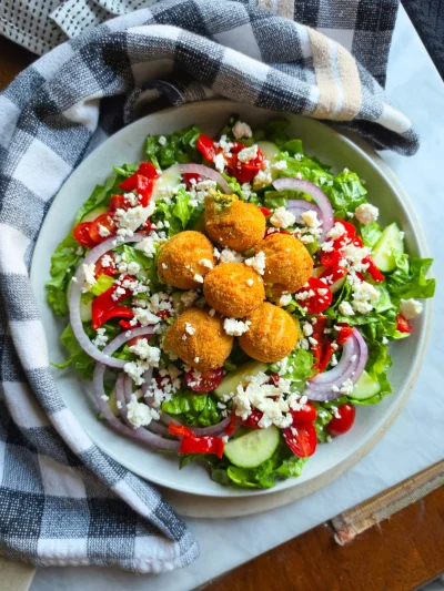 Greek Salad with Spinach Artichoke Balls