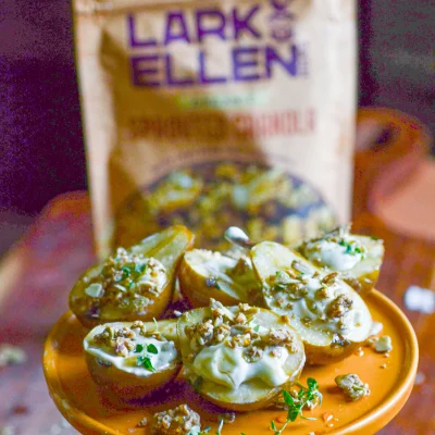 Pumpkin Spice Granola Pear Bites with Whipped Ricotta & Blue Cheese