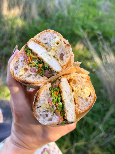 Crispy coconut tofu baguette with curry lime mayo & ginger chilli slaw