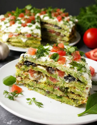 кабачковый торт с шпинатом, грибами и помидорами